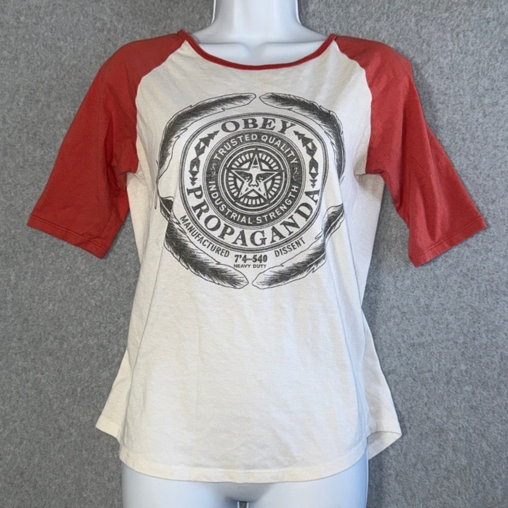 OBEY Propaganda Graphic Raglan Baseball Tee 3/4 Sleeve Shirt